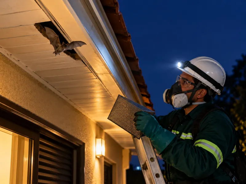 Técnico da Smart fazendo controle de morcegos no forro de uma casa à noite