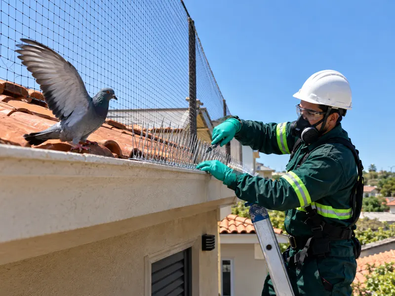 Técnico da Smart instalando espículas e rede contra pombos no telhado