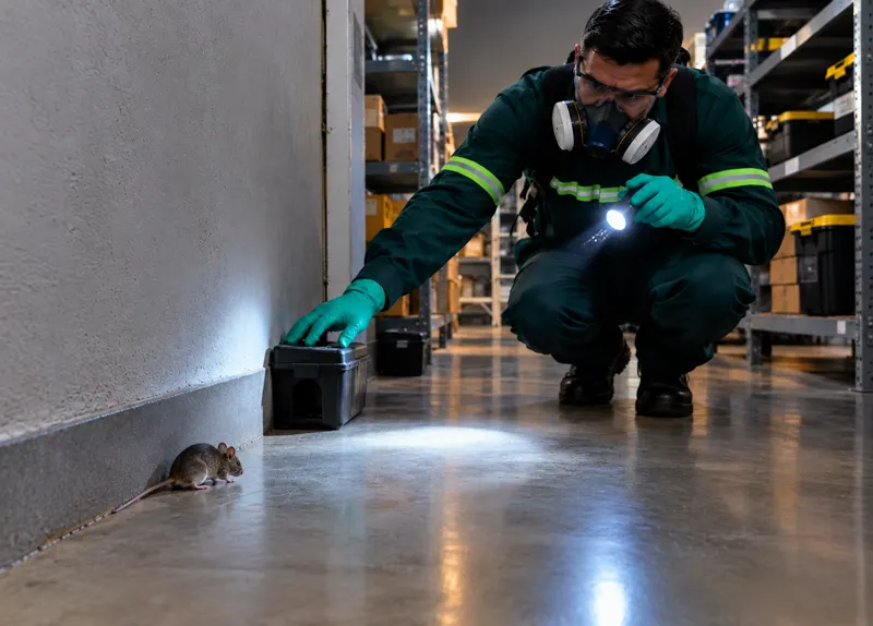 Técnico da Smart instalando porta-isca de desratização em um depósito